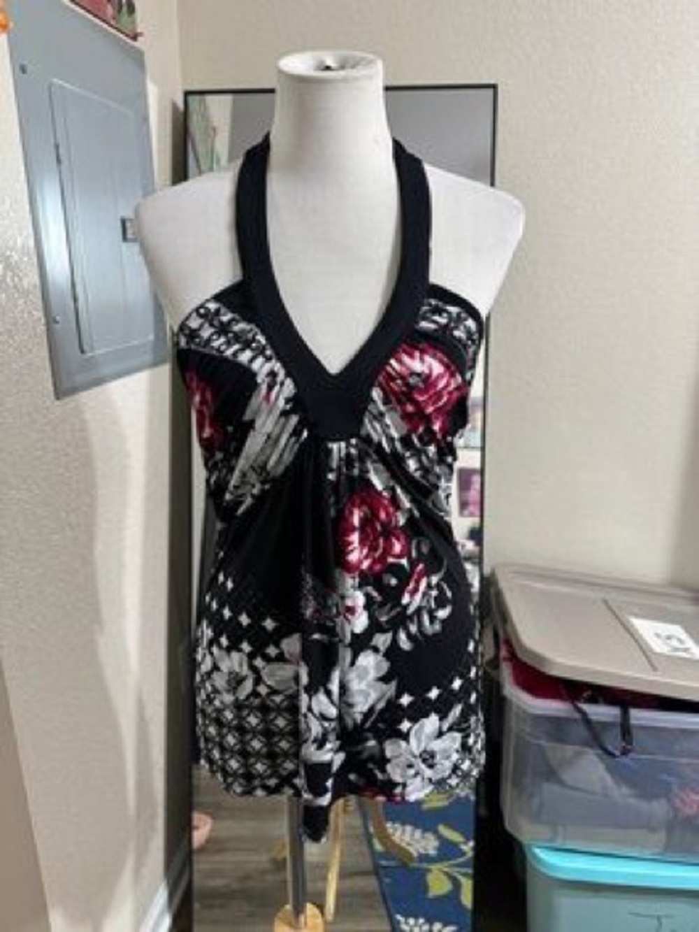 White House Black Market Black Halter Camisole with Red & White Floral Print